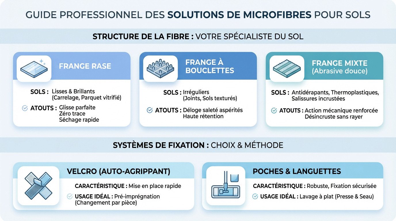 Visual comparison of the types of microfibre fringes suitable for different professional floors